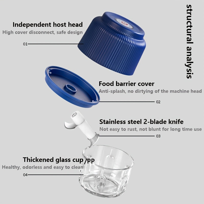 Picadora eléctrica de ajo, picadora de carne de 8.8 oz, recargable por USB, machacador de cocina