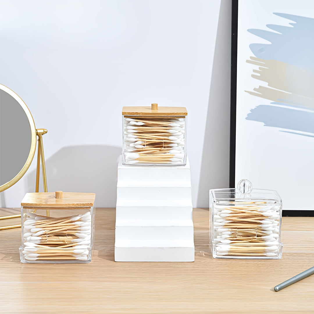 Caja de almacenamiento para baño de acrílico con tapa de bambú o plástico para cosméticos y accesorios