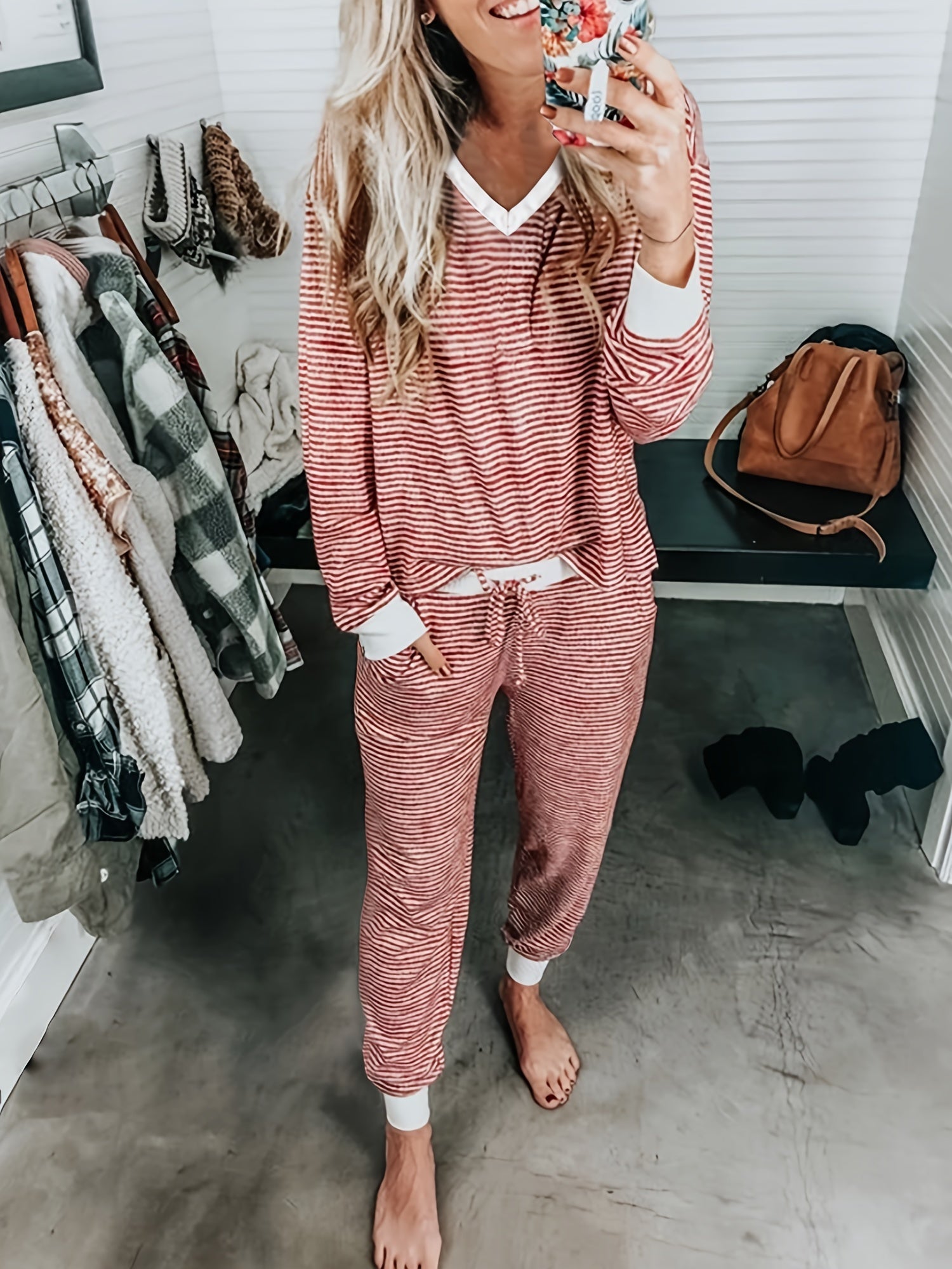 Women's Knit Striped Pajama Set Long Sleeve V-Neck Drawstring Fall Winter Lounge