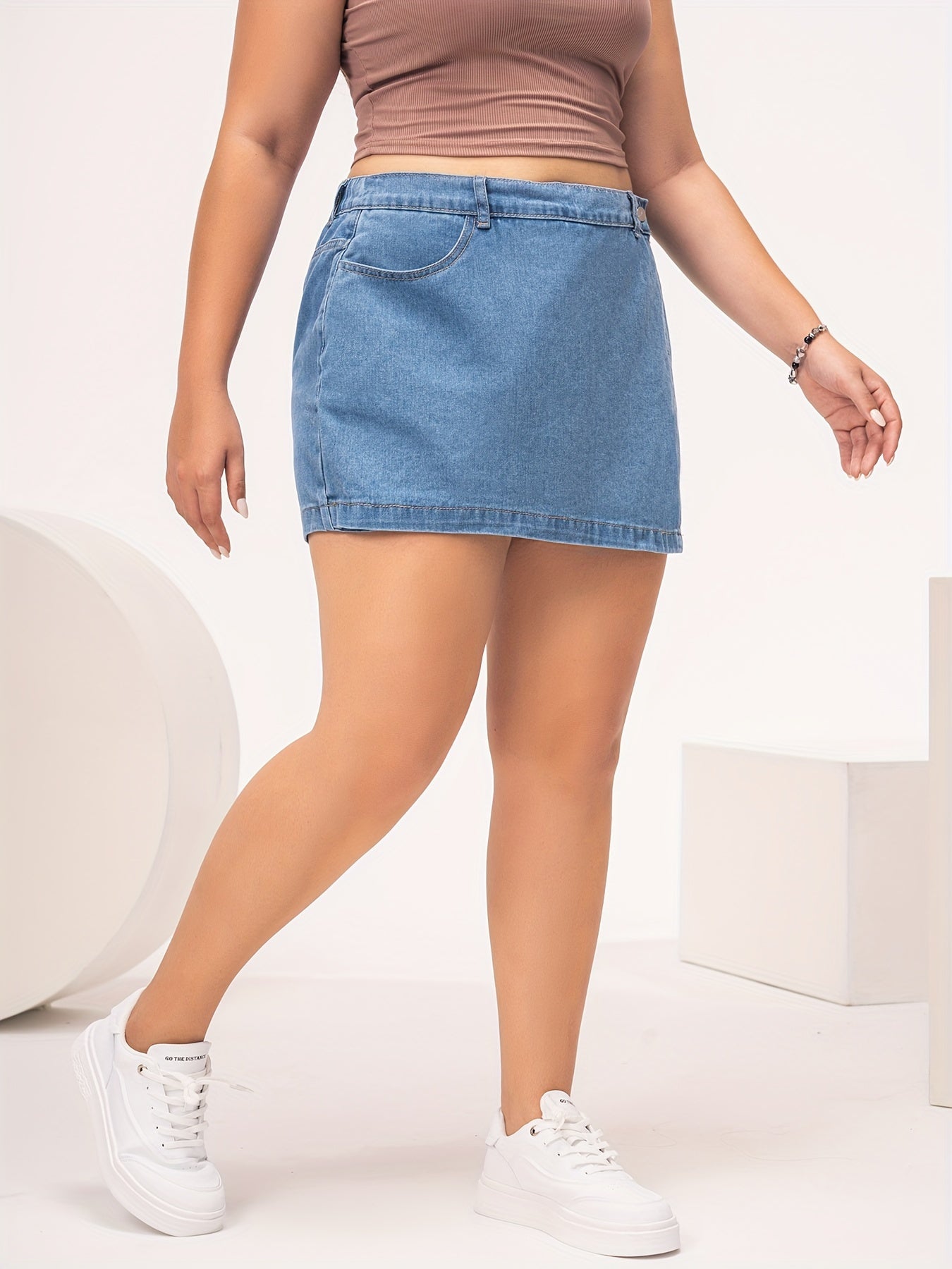 Women's Light Blue Denim Skort Casual Style Flap Pockets Spring Summer