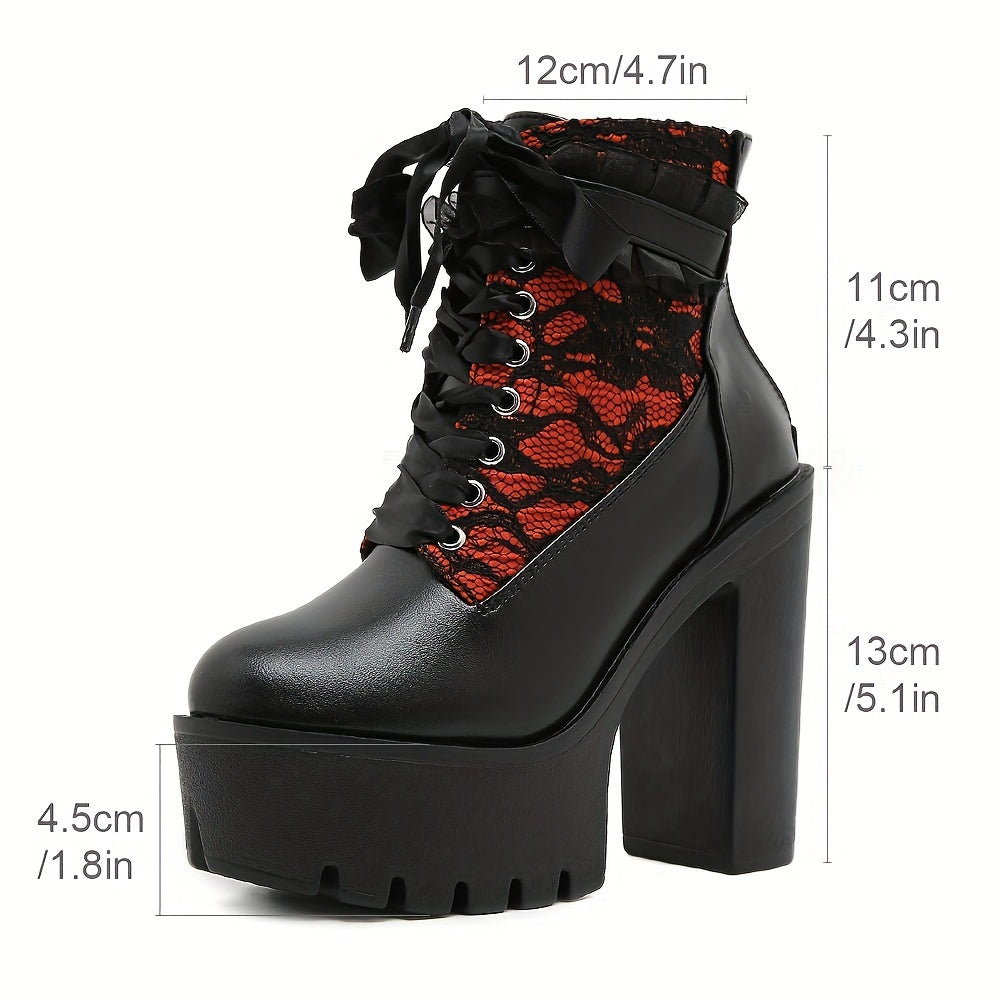 Women's Gothic Lace Patchwork High Heel Ankle Boots All-Season PU Chunky Platform