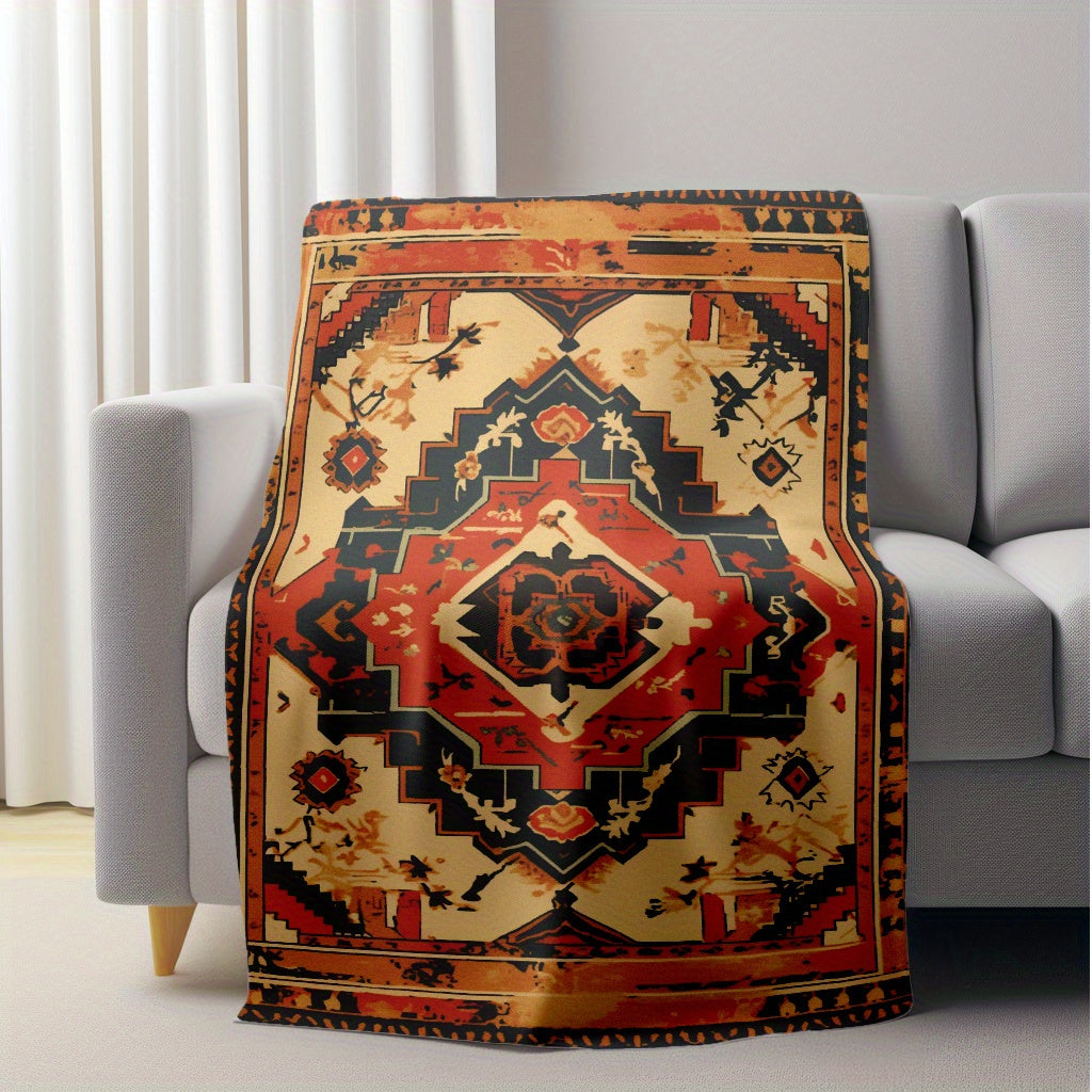 Knitted Polyester Flannel Throw Blanket with Ethnic Carpet Pattern for Sofa and Travel