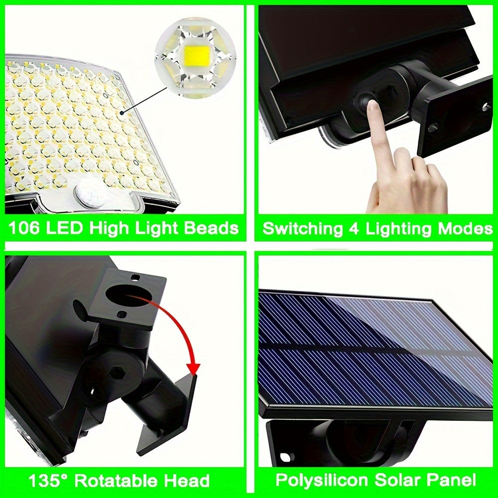 Solar-Powered Outdoor Motion Sensor Light with 106 LEDs Wide-Angle Weatherproof Garage Garden