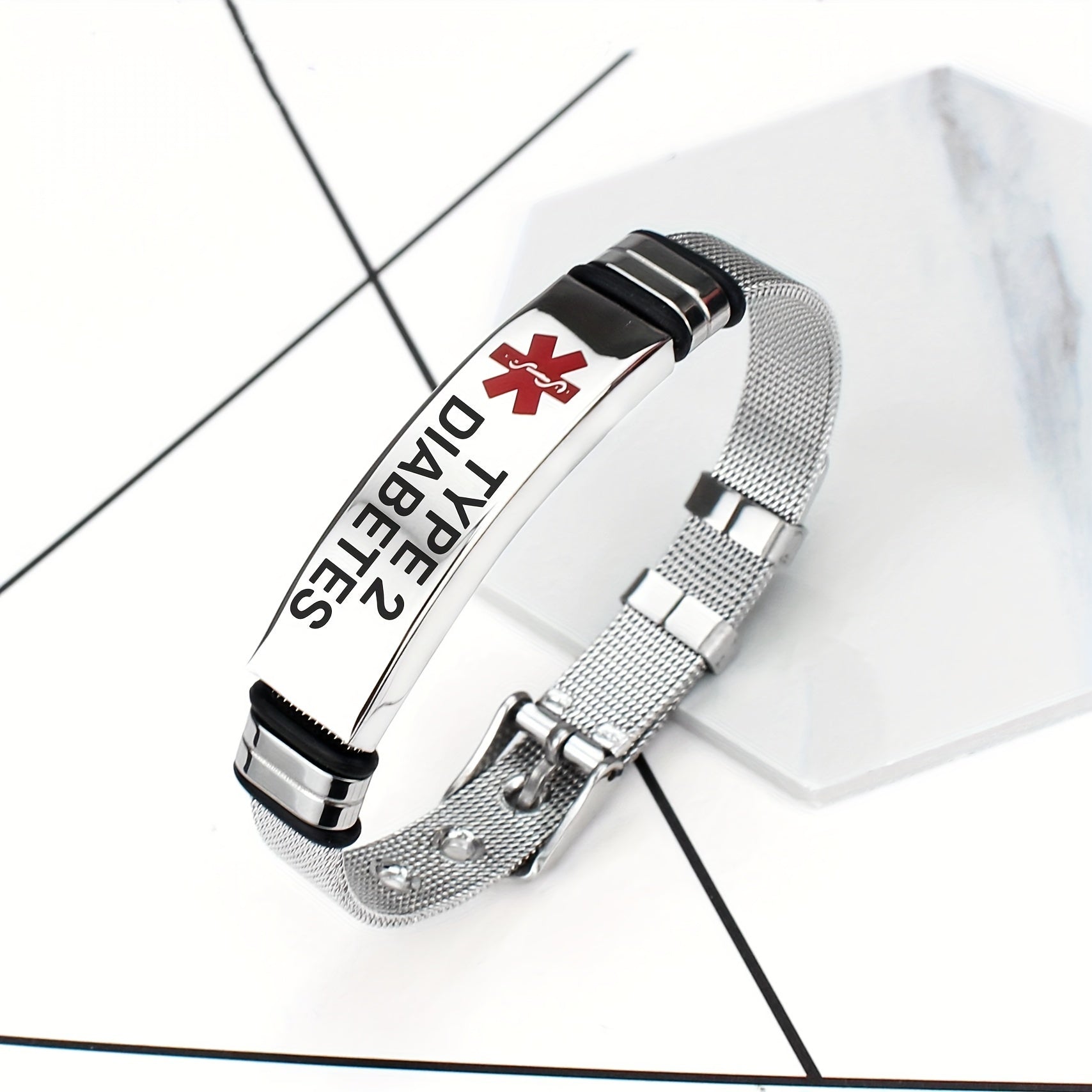 Adult Stainless Steel Medical Alert Bracelet Adjustable with Red Caduceus