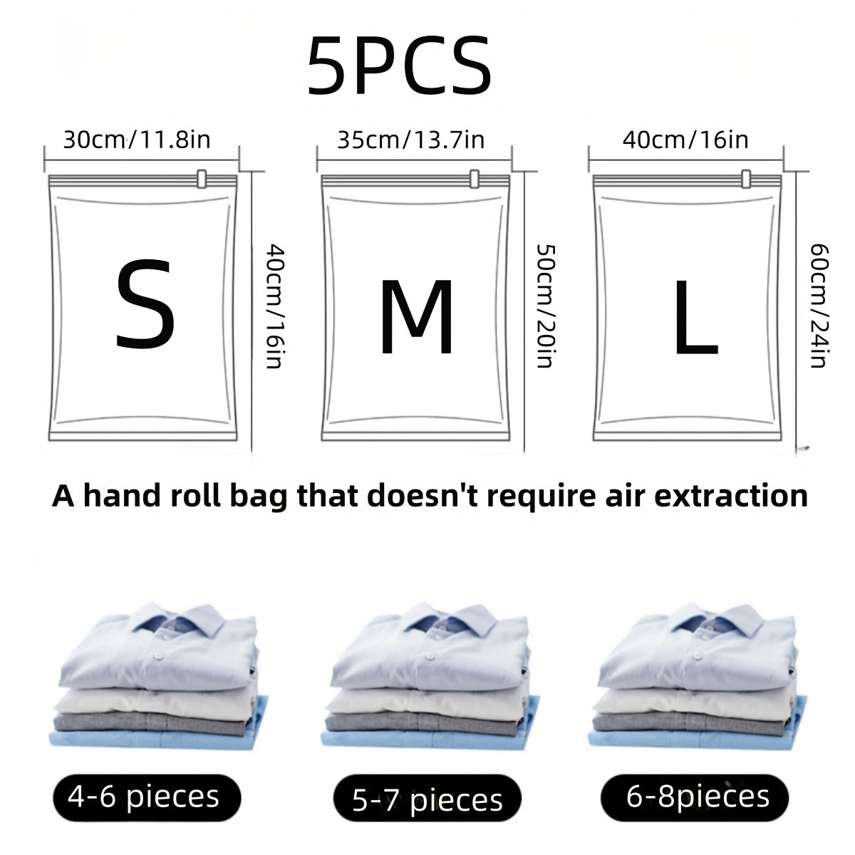 Set of 5 Vacuum Storage Bags Space-Saving Zippered for Clothing and Travel