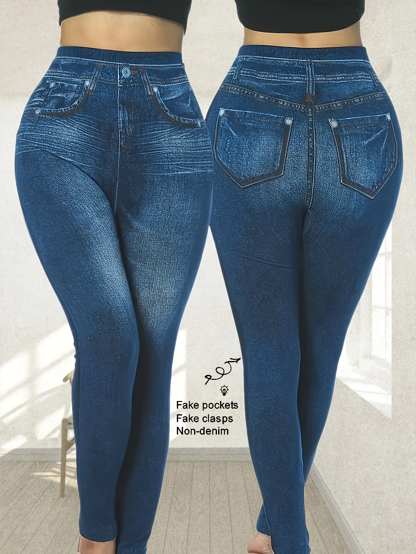 Plus Size Stretch Denim Look Leggings for Women with Faux Pockets and High Elasticity