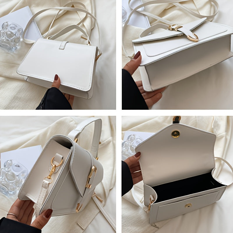 Women's Small Square PU Bag with Single Shoulder Crossbody Removable Strap in Black White Light Khaki