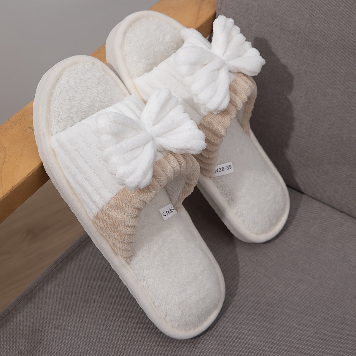 Women's Plush Open Toe Slippers with Bowknot Decor for Indoor Comfort
