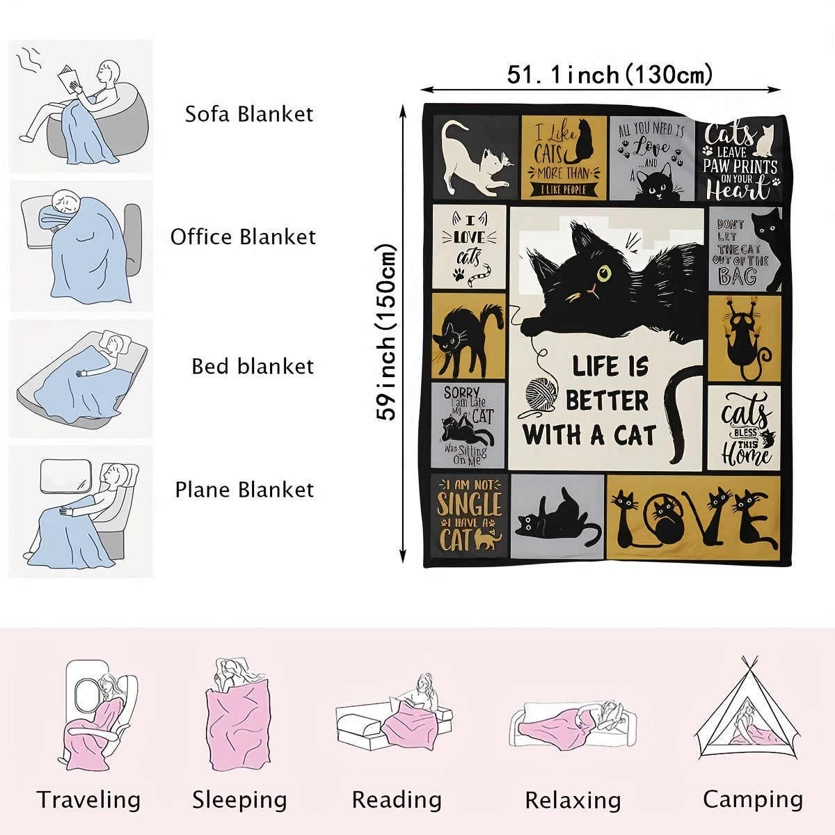 Cat Lovers Throw Blanket Flannel Cozy Digital Print Hypoallergenic All-Season Sofa Napping