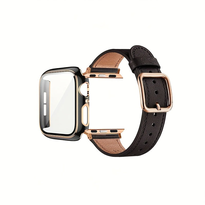 Sun Buckle Two-Color Rose Shell Protective Case for Smartwatch 2-in-1 Synthetic Leather Strap Tempered Glass Frame Compatible with iWatch Ultra Series