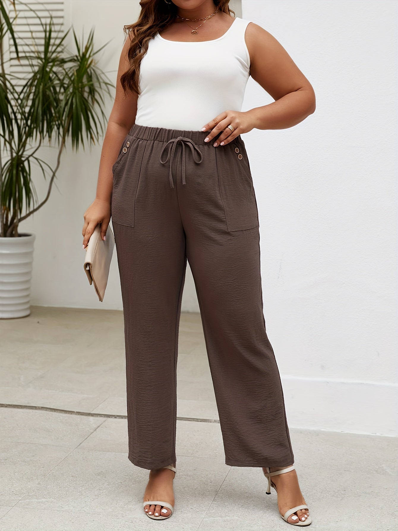 Women's Elastic Waist Straight Leg Flared Pants with Pockets and Button