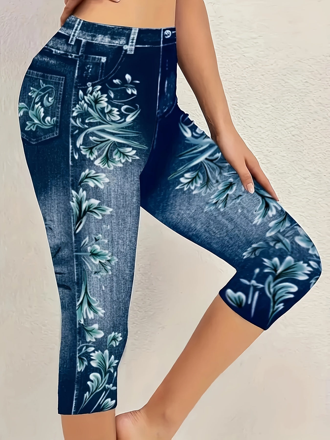 Plus Size Floral Print Capri Leggings Faux Denim Stretchy Casual Summer Women