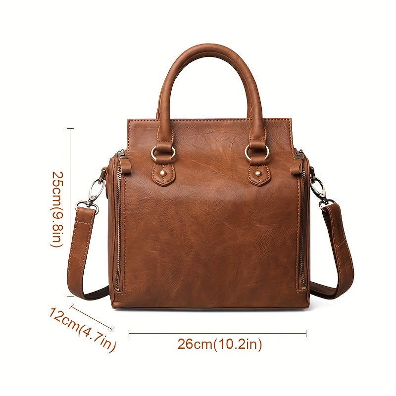 Women's Light Brown PU Tote Bag with Adjustable Strap and Multiple Compartments