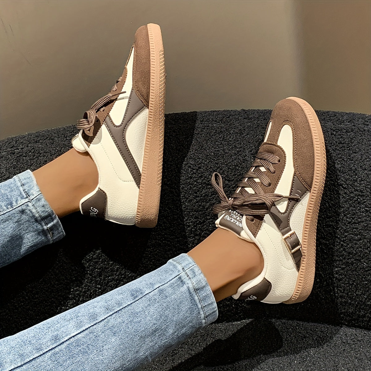 Women's Two-Tone Casual Mesh Sneakers with Strap Accents Low-Top Lace-Up Shoes