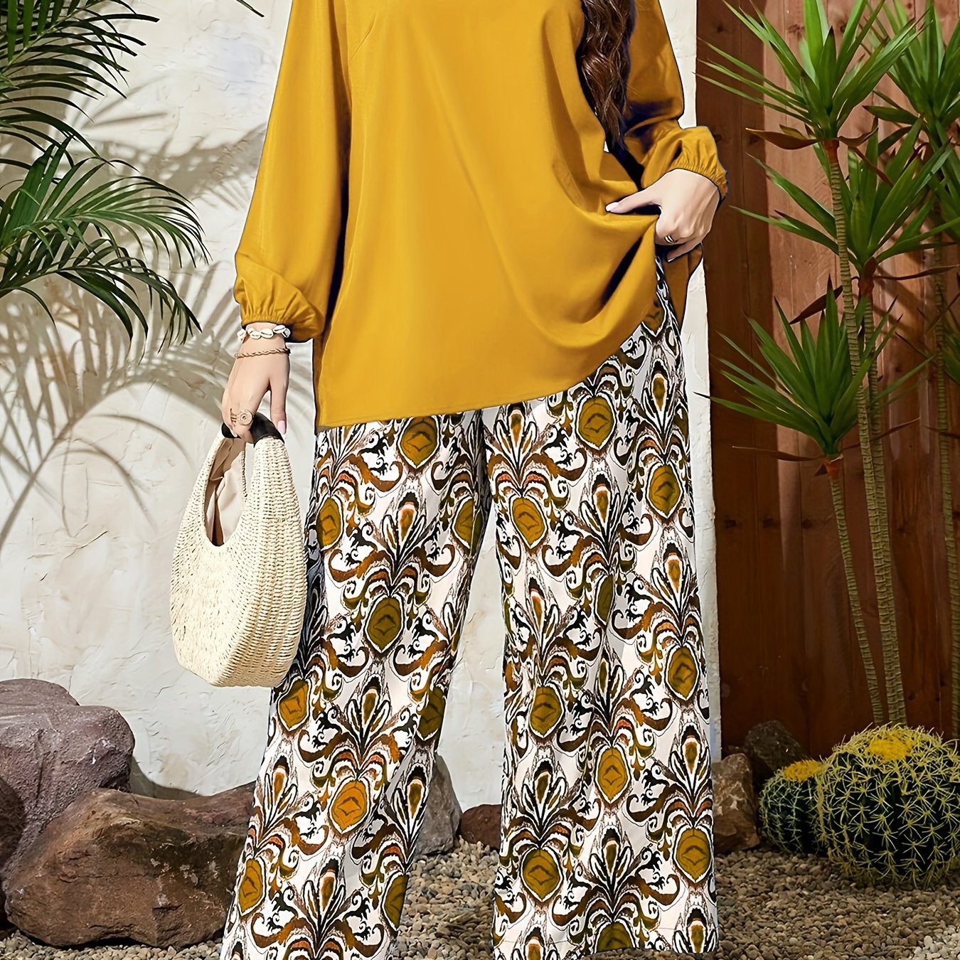 Plus Size V-Neck Top and Wide-Leg Pants Set in Blue and White Geometric Pattern Polyester Machine Washable