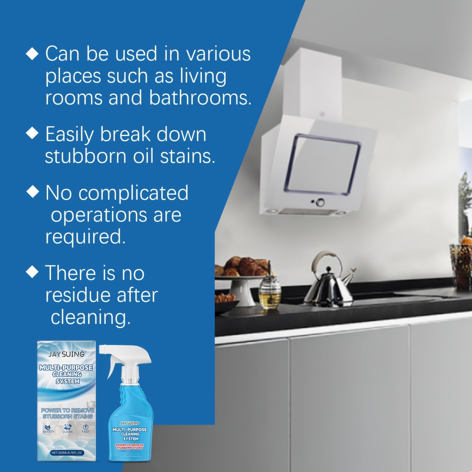 Jaysuing ko'p maqsadli oshxona yog' tozalagichini taqdim etamiz: oshxona va hammomdagi og'ir yog' joylari uchun mukammal bo'lgan kuchli va samarali dog' va chang tozalovchi. Metall yuzalar uchun xavfsiz, qoldiqsiz suyuq formula natriyni o'z ichiga oladi.