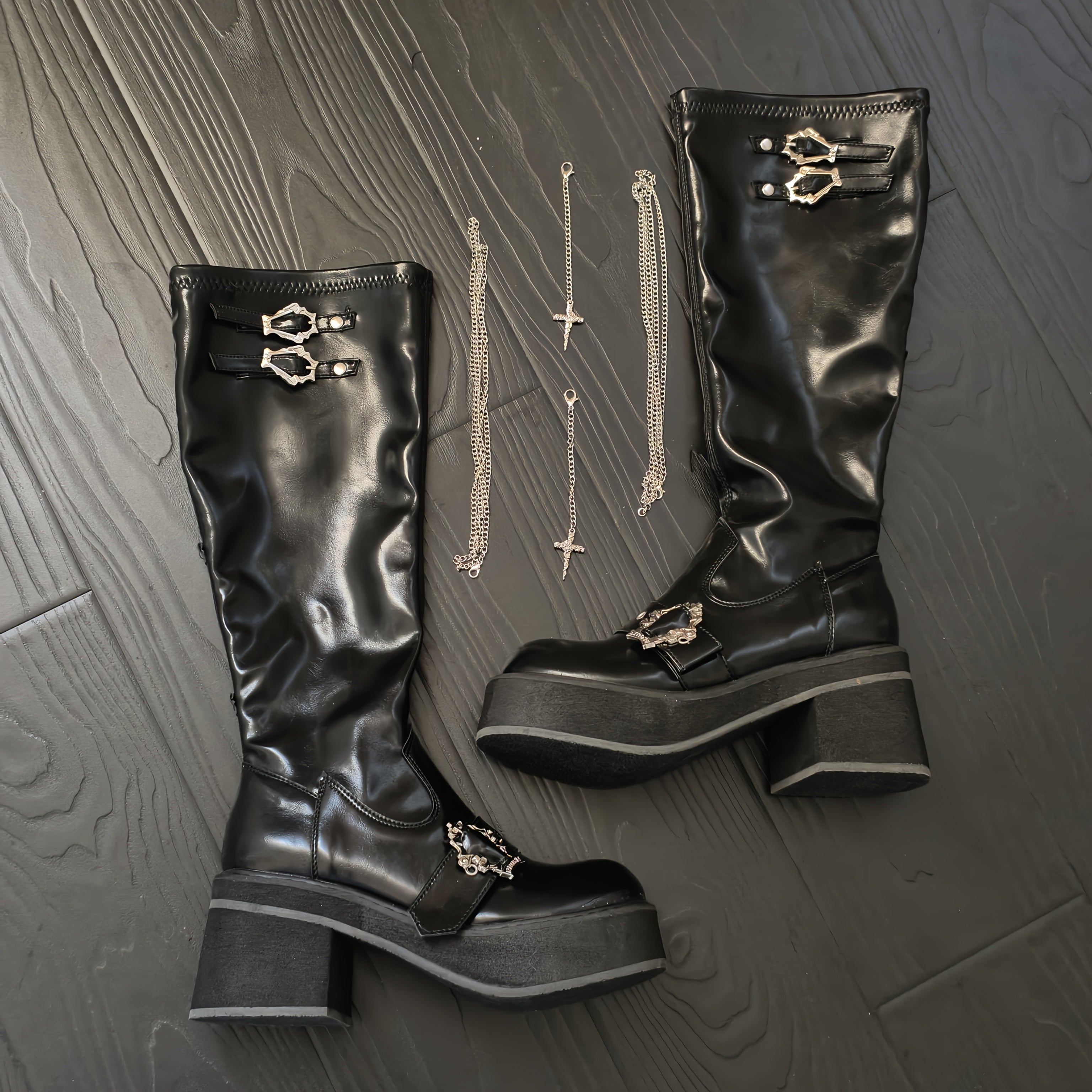 Women's Gothic Platform Boots Spicy Punk Shoes Black Leather