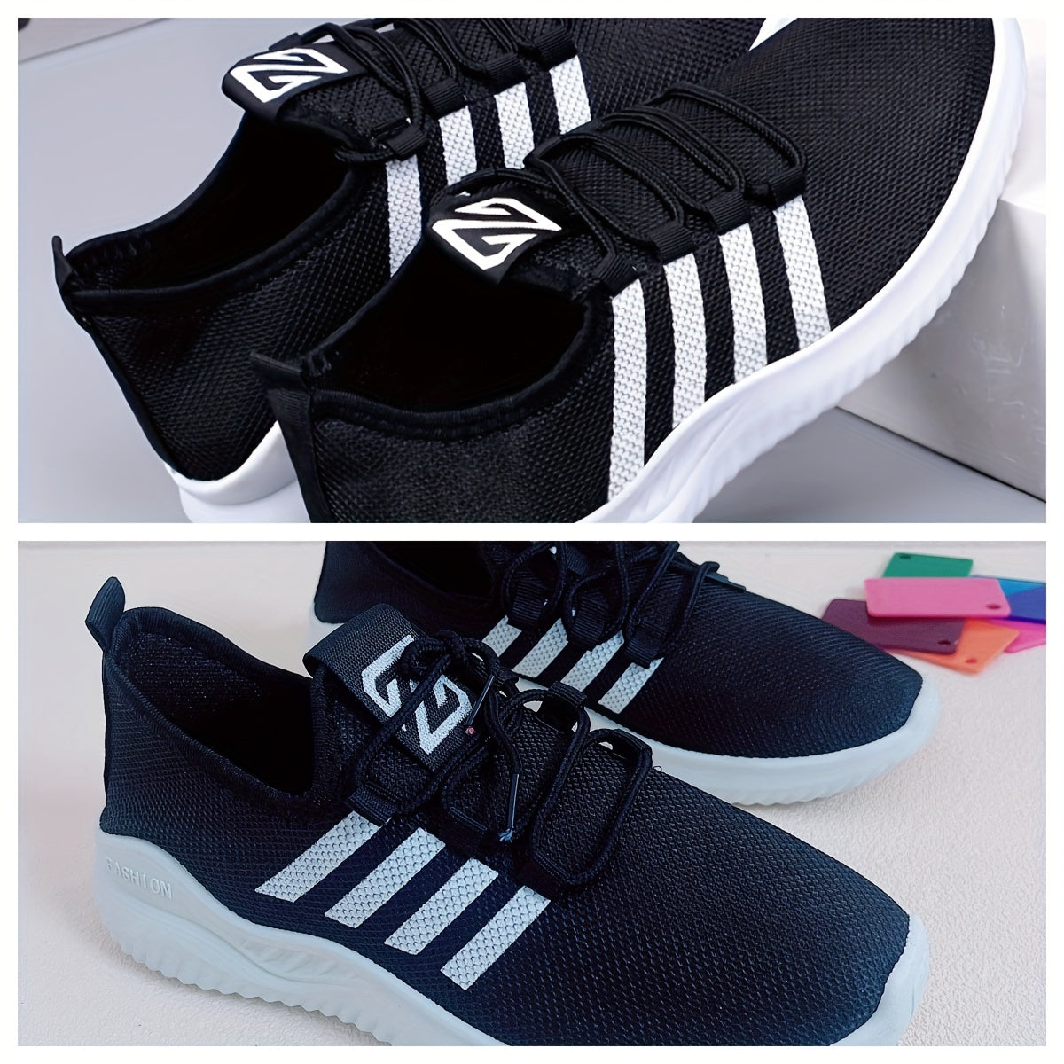 Men's Breathable Striped Mesh Running Shoes Non-Slip Lace-Up Sneakers for Outdoor Activities