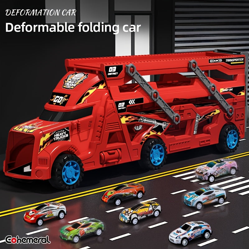 Coche de pista de bombero con diseño plegable transformable y mini coches de regalo para niños de 3 años en adelante