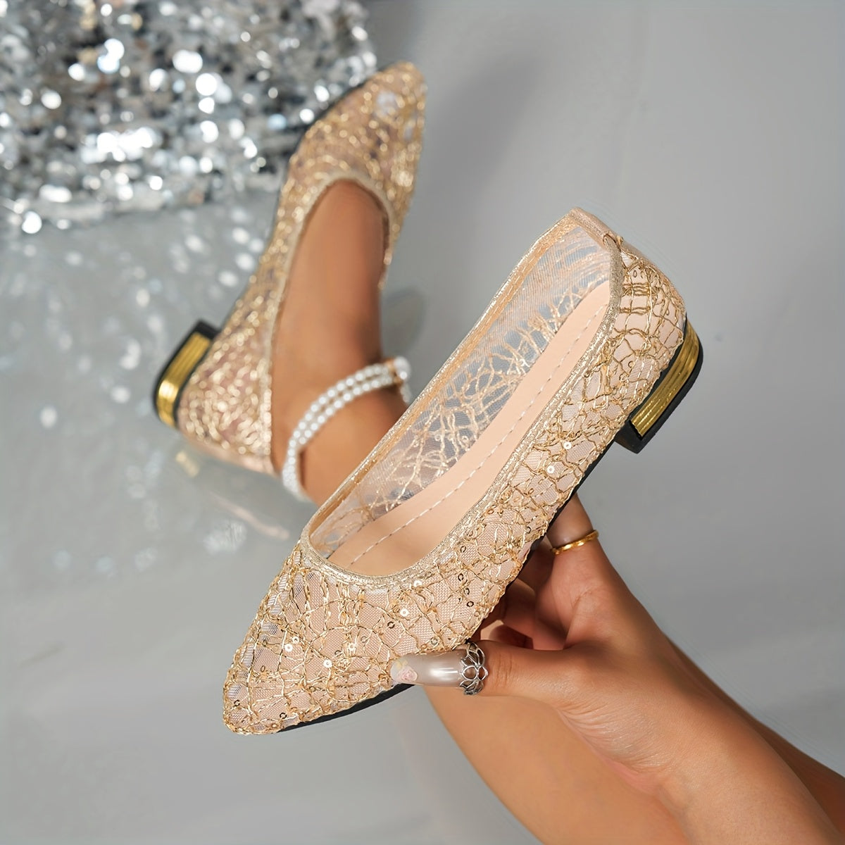 Women's Gold Sequin Slip-On Loafers Breathable Fabric Ankle Strap Low Heel