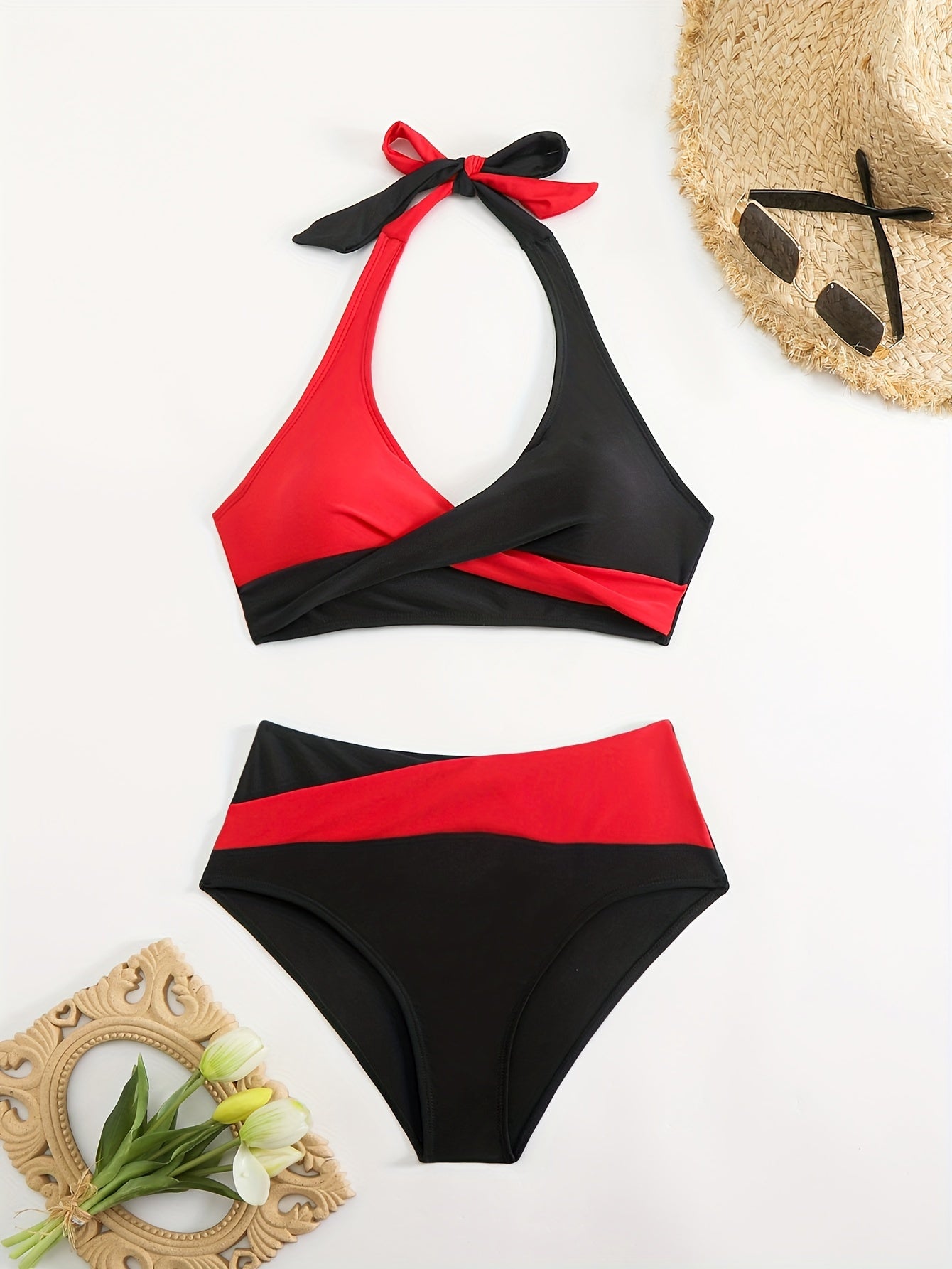 Women's Solid Color and Patchwork Multi-Color Bikini Swimsuit with Neck Strap