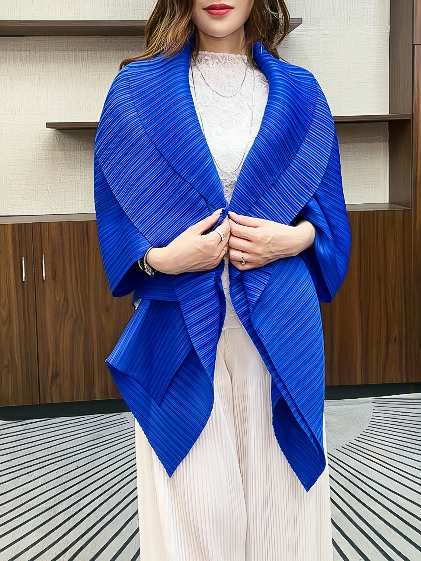 Plus Size Women's Blue Ribbed Cardigan Open Front Short Jacket Spring Fall Casual Formal