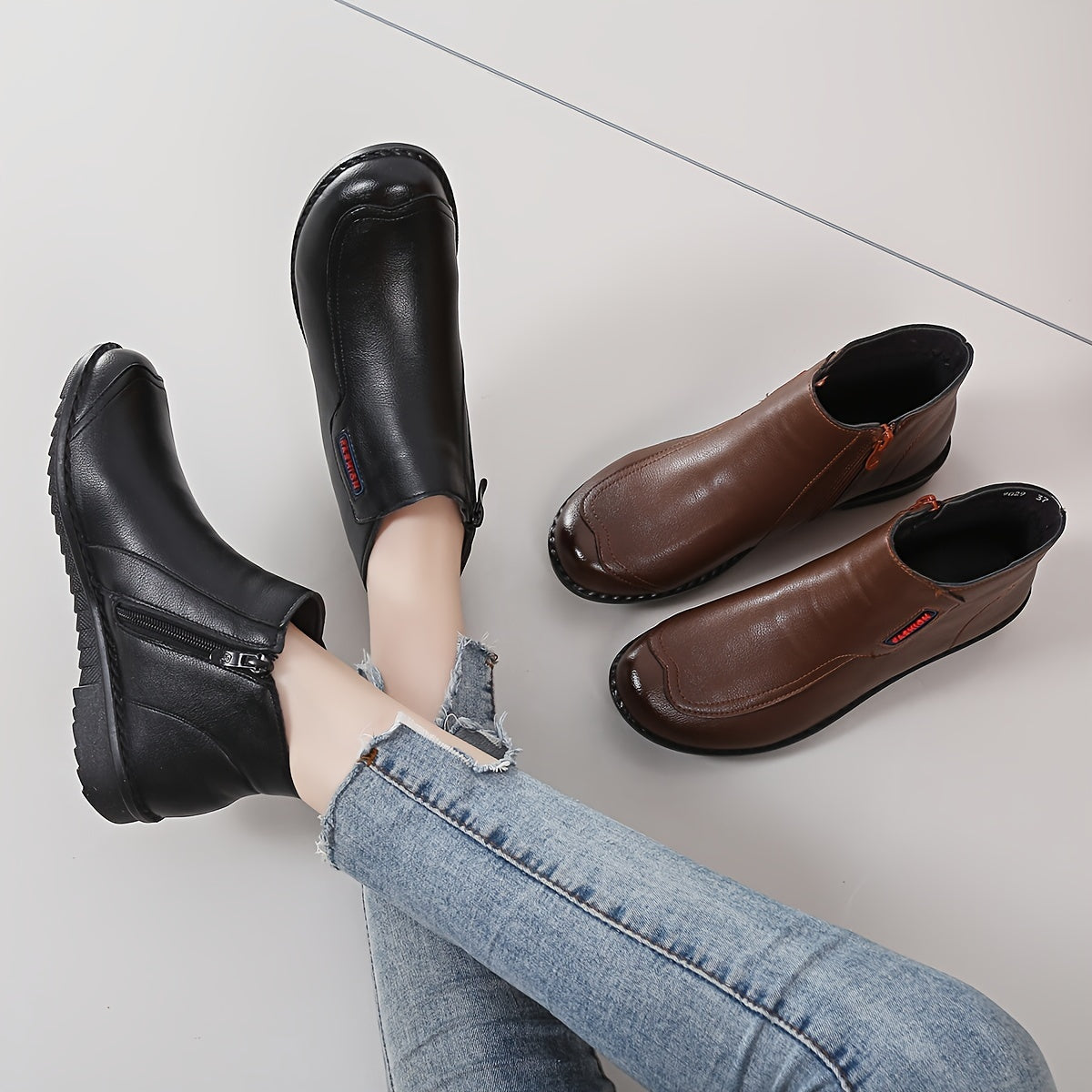 Women's Comfortable Flat Ankle Boots Soft PU Side Zipper All-Season