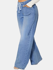 Women's Light Blue Elastic Waist Wide Leg Jeans with Drawstring and Slant Pockets