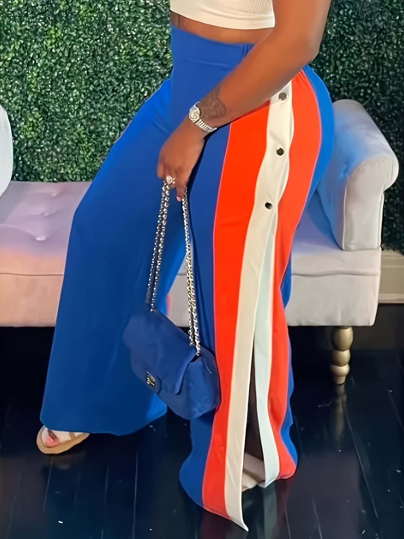 Women Wide Leg Palazzo Pants Color-Blocked Split Design Casual Summer Fashion