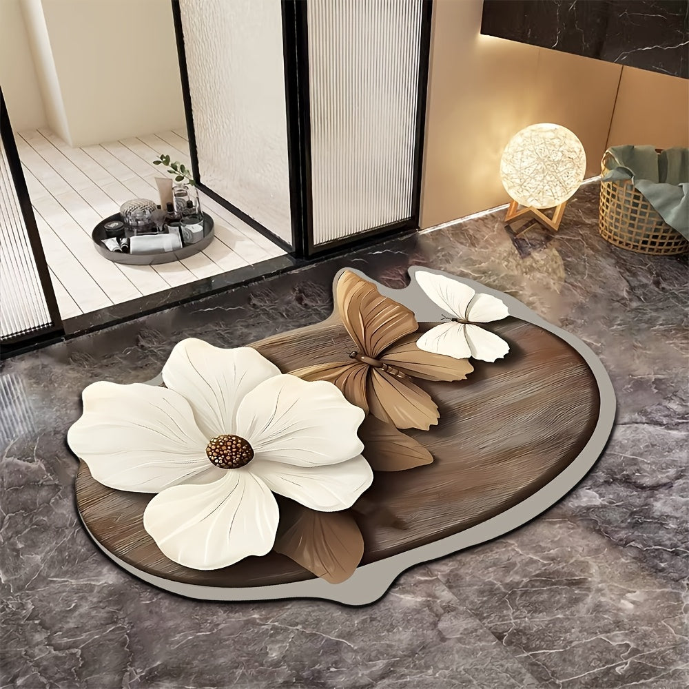 3D Flower Butterfly Pattern Non-Slip Bathroom Rug Water-Absorbent Quick-Drying Oval