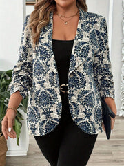 Plus Size Floral Print Blazer for Women with Gathered Sleeves and Lapel Collar