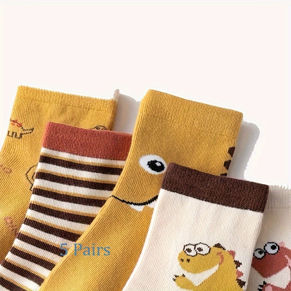 Boys' Cartoon Dinosaur Socks 5 Pairs Fall Winter Color Block Crew Socks