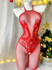 Женский красный боди из сетки с кружевными деталями и акцентами из страз