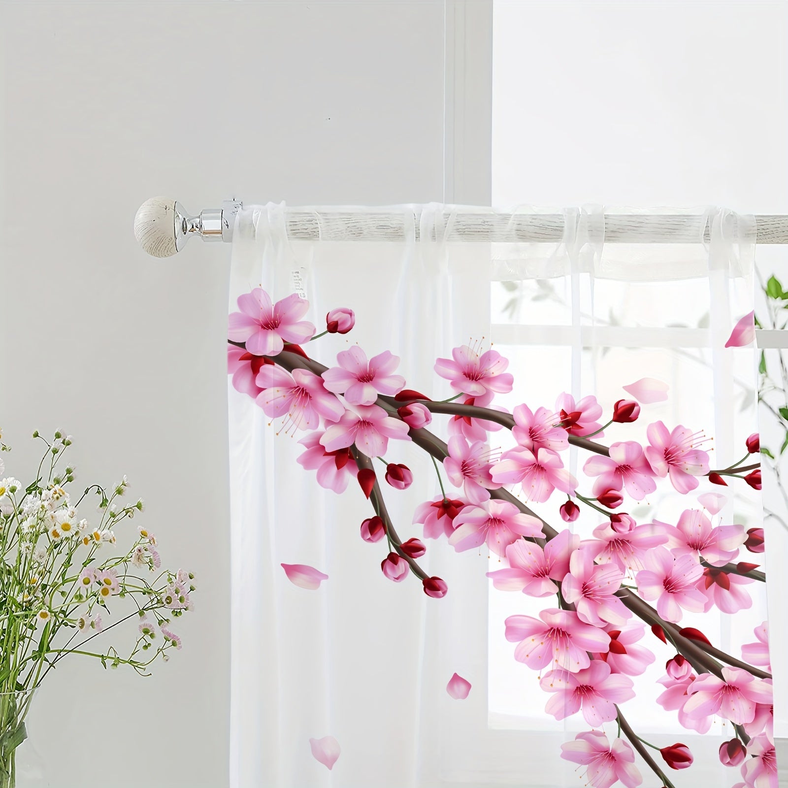 Par de cortinas de cerezo en flor con bolsillo para barra, diseño de pétalos caídos para decoración del hogar