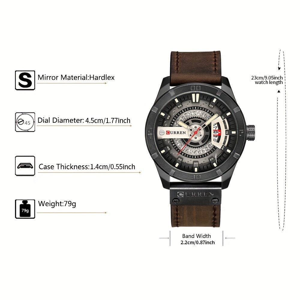 Correa de reloj de cuarzo en cuero PU con función de fecha para uso casual y de negocios