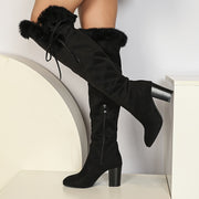 Women's Winter Knee-High Boots with Fleece Lining, Block Heel, Zipper