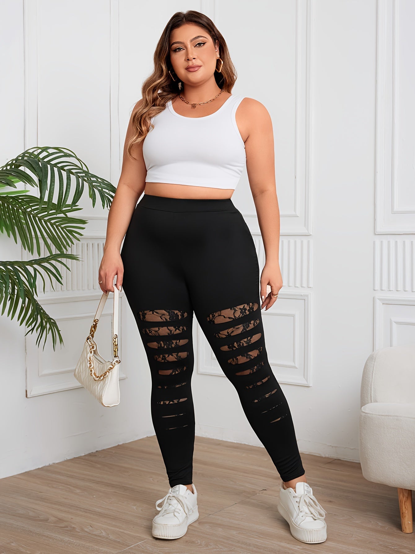 Women Plus Size High-Waisted Black Lace-Paneled Stretch Leggings