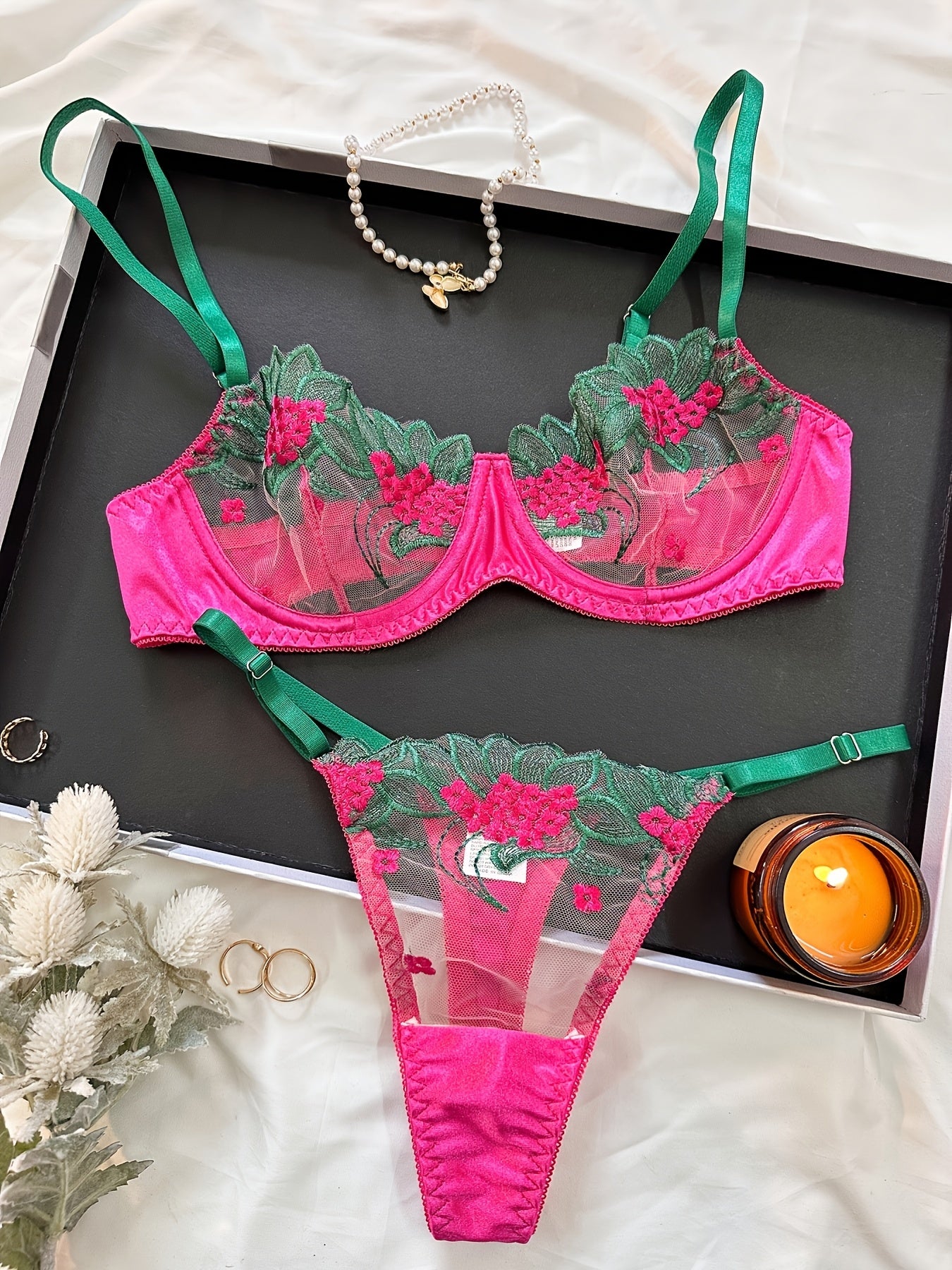 Women's Floral Embroidered Mesh Lingerie Set Polyester Elastane
