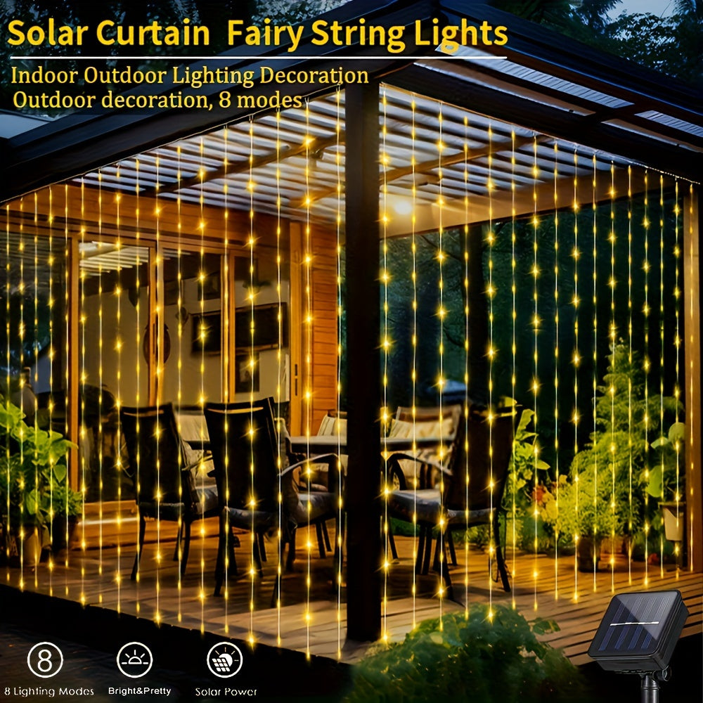 Solar-Powered LED Curtain String Lights with 8 Modes for Weddings Gardens and Celebrations