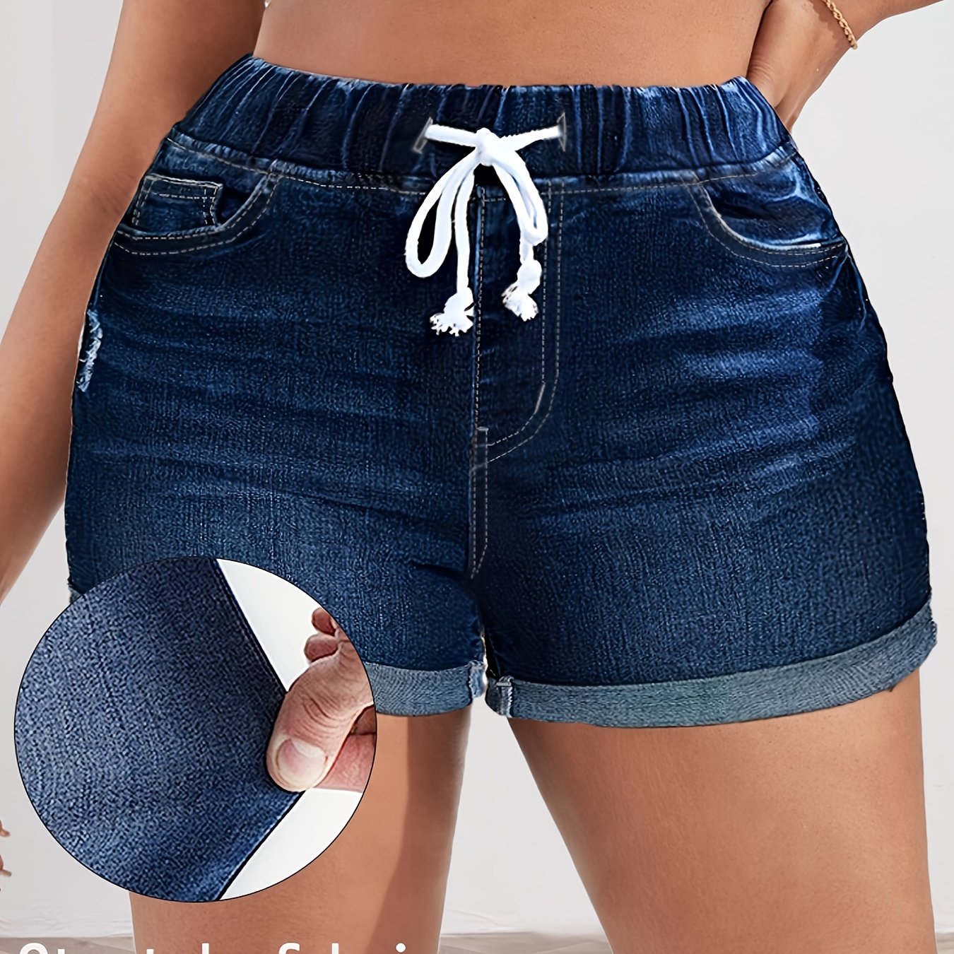 Plus Size Women's Blue Elastic Waist Drawstring Stretch Shorts