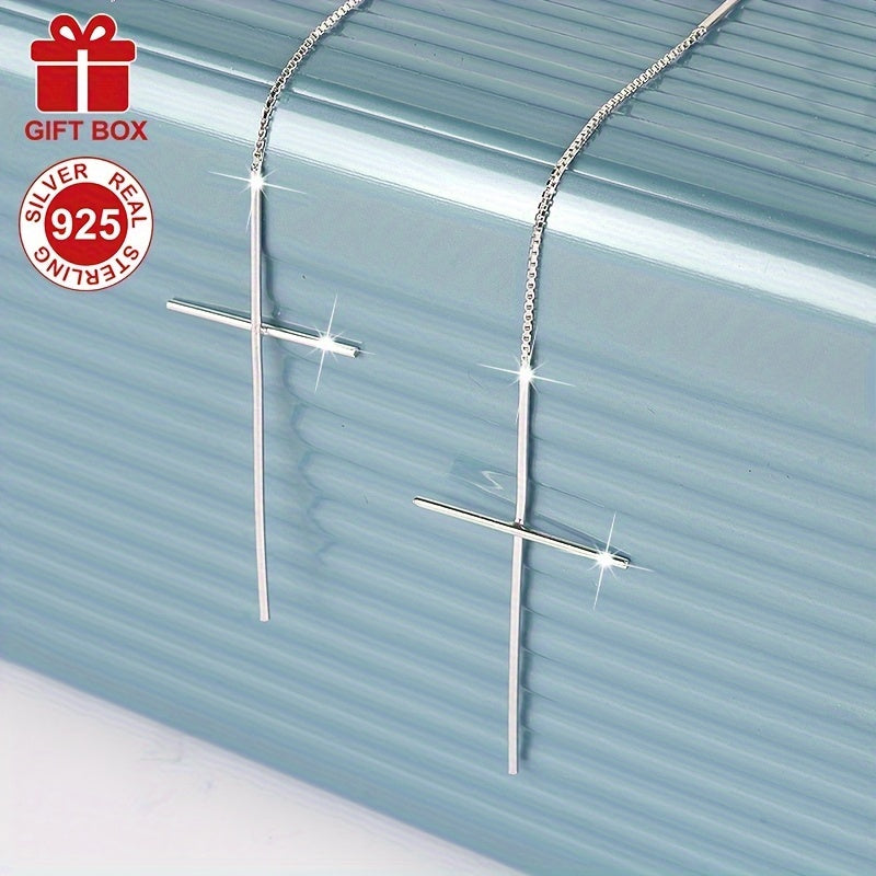 Pendientes largos de plata de ley con borla y hilo de oreja en forma de cruz para mujeres