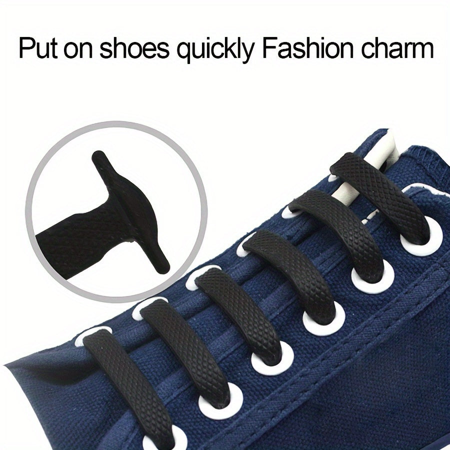 Unisex Silicone Shoelaces No-Tie Elastic Stretch Laces Black 16pcs