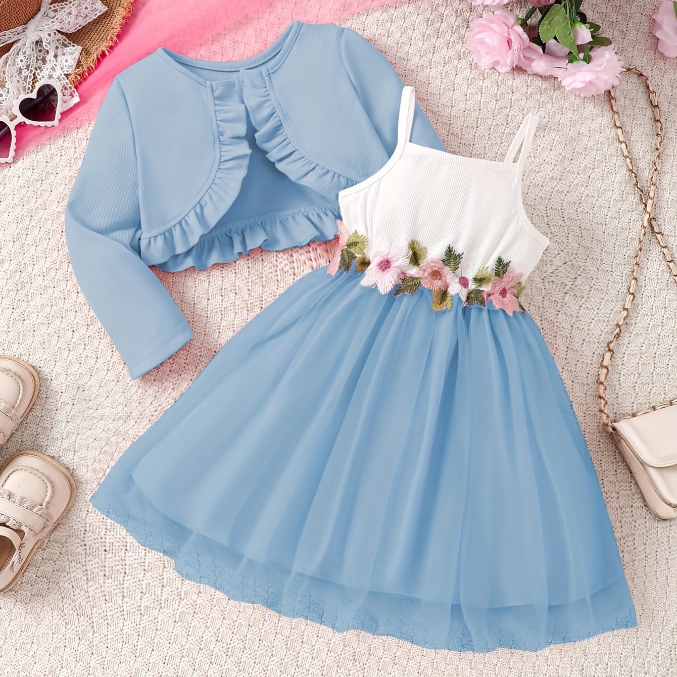 Girls Ruffle Cardigan and Embroidered Mesh Princess Dress Set for Spring Fall