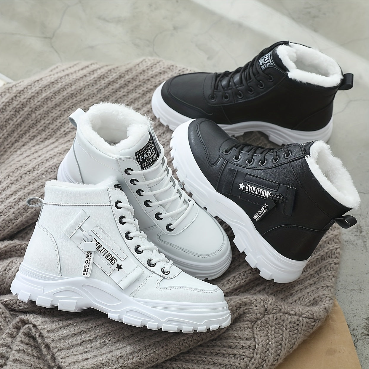 Women's Black and White Winter Slip-On Boots with Plush Lining