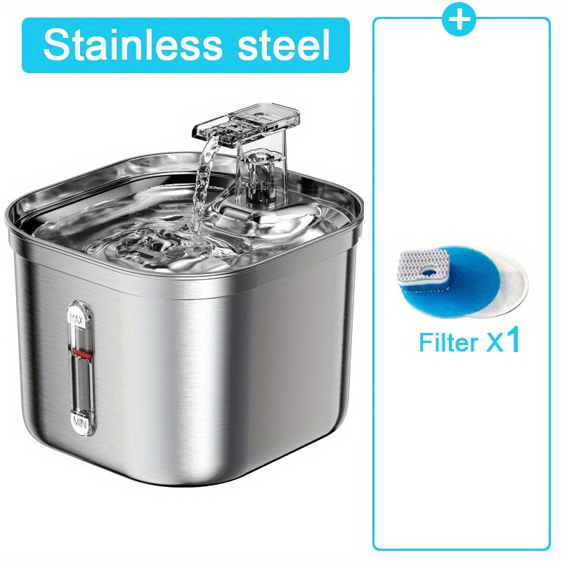 2L Stainless Steel Cat Water Fountain with USB Power and Filtration