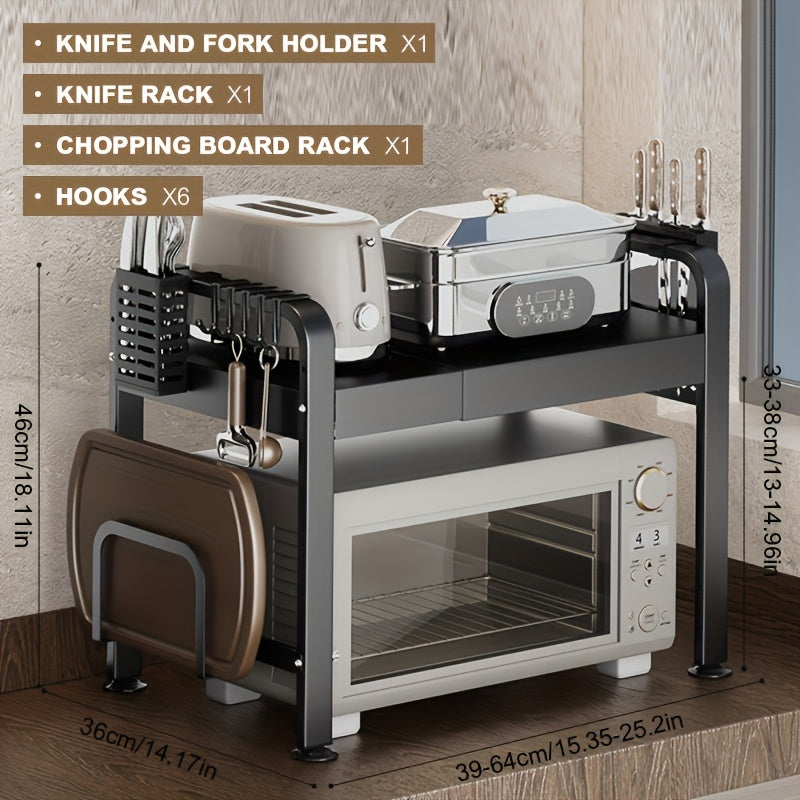 2 Tier Expandable Microwave Oven Rack with Hooks Pot Lid Support Spice Jar Organizer