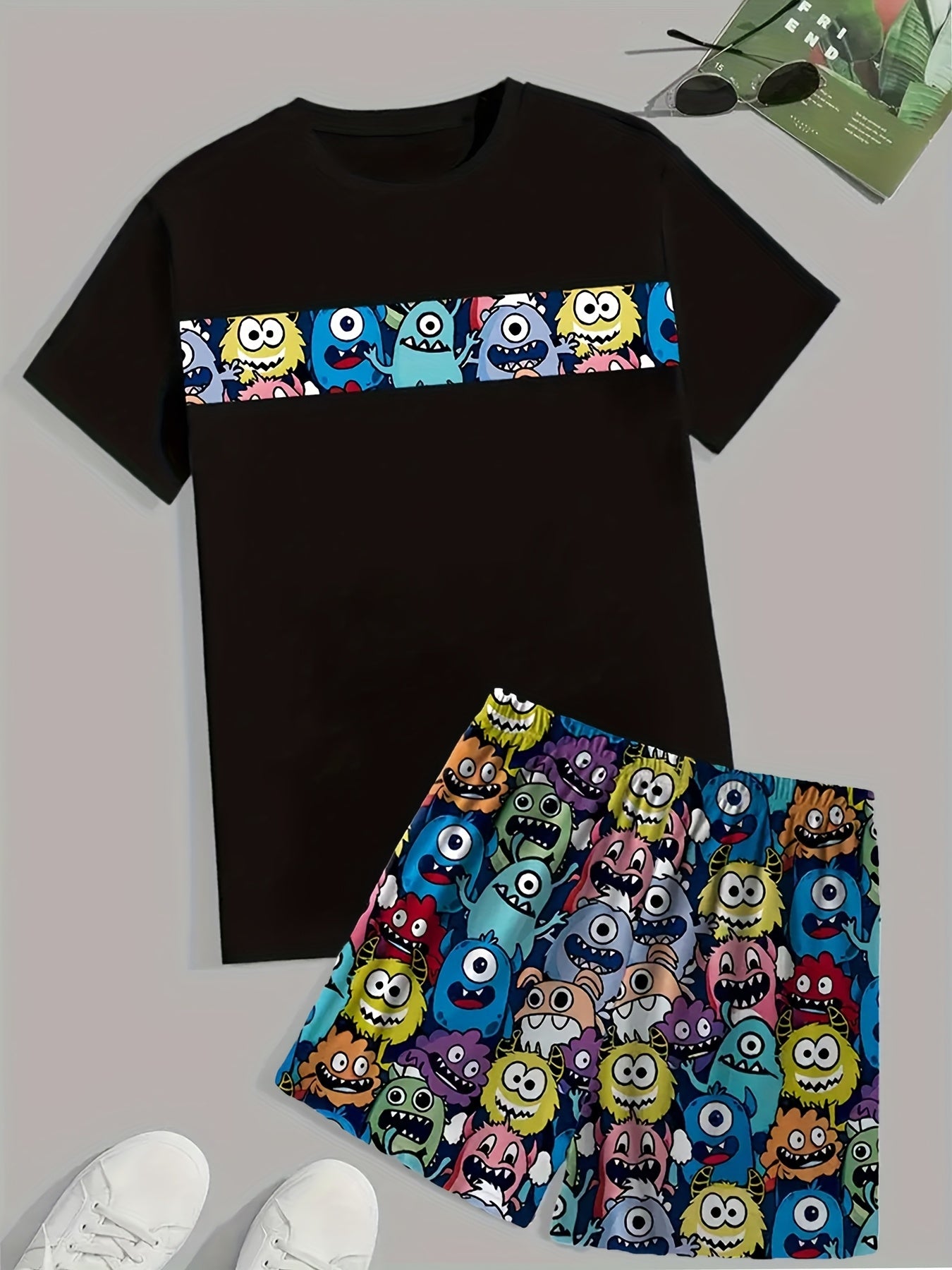 Men's Lightweight Short Sleeve Pajama Set with Elastic Waist Shorts