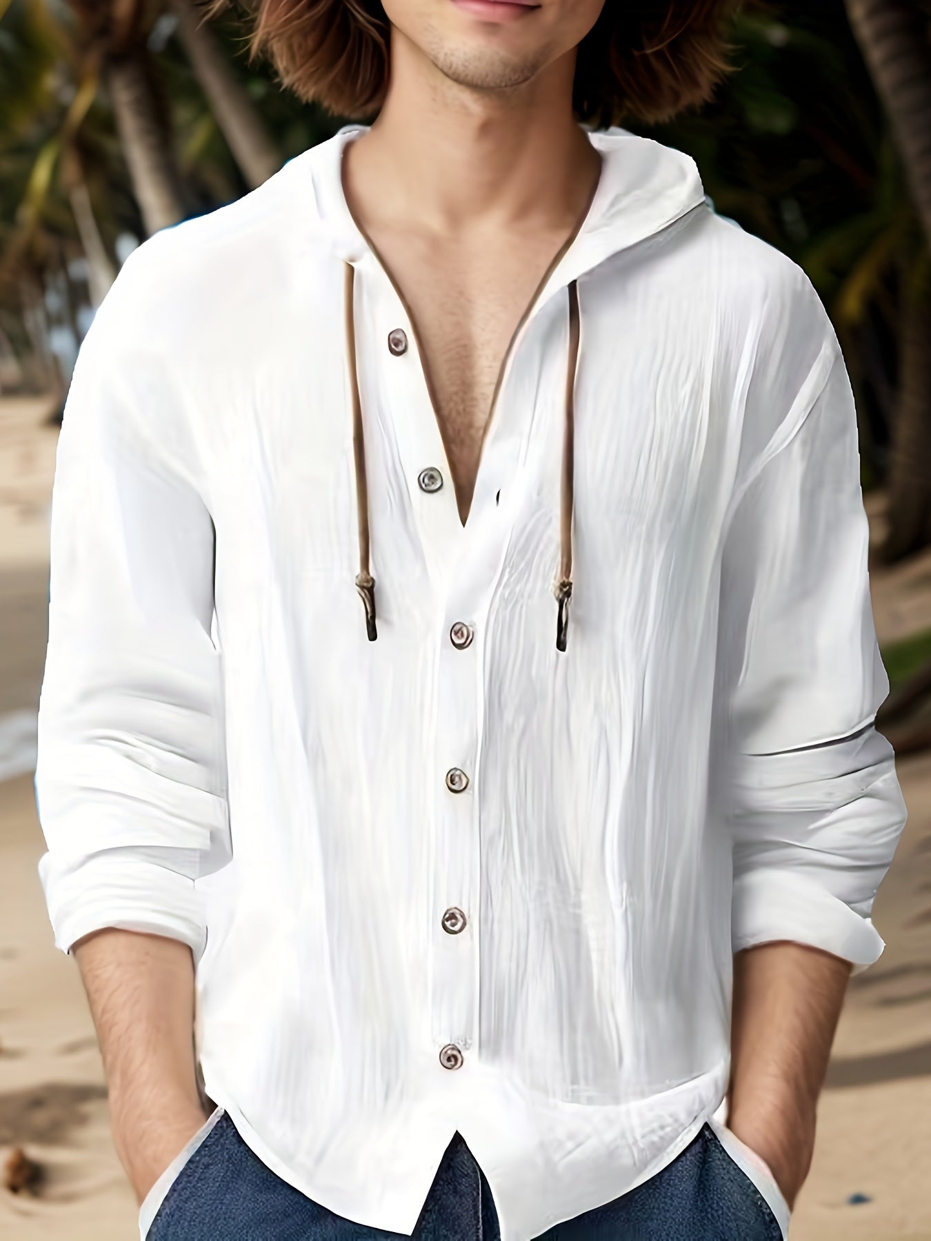 Men's Cotton Hooded Shirt Long Sleeve Casual Spring Fall Solid Color Regular Fit