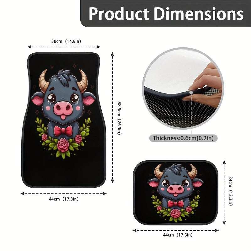 4PCS Non-Slip Water Absorbent Highland Cow Pattern Car Floor Mats for Sedan SUV