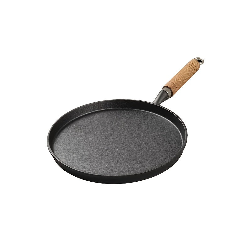 Cast Iron Non-Stick Frying Pan with Wooden Handle and Omelette Roll Maker